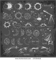 chalkboard drawing set of sun, moon and stars