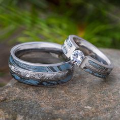 Blue Ring Set with Meteorite and Mokume Gane Native Wedding Rings, Titanium Engagement Ring, Wedding Rings Matching, Titanium Engagement Rings, Meteorite Wedding Rings, Western Wedding Rings, Mokume Gane Ring, Rings Matching, Wedding Ring Sets Unique