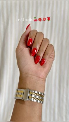 Ruby Red Almond Nails, Almond Shape Red Nails Designs, Nails W Red Dress, Red Almond Nails Summer, Valentines Nails Almond Shape Red, Red Colored Nails, Red Nail Almond Shape, Red Nails For Olive Skin Tone, Bold Red Nails