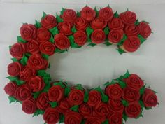 red roses are arranged in the shape of a letter o, with green leaves on each side