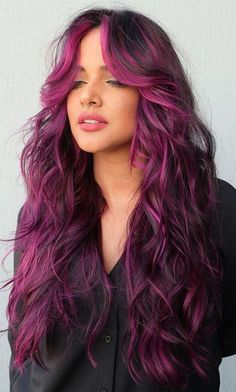 Plum Hair With Pink Highlights, Funky Dark Hair Color, Vivid Hair With Bangs, Purple Balayage With Money Piece, Vivid Color Highlights, Purple Pink And Black Hair, Purple Pink Balayage, Brown Hair With Fun Colors, Barbiecore Hair