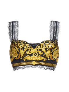 100% silk | Versace Women's Barocco Silk Bralette Top in Gold | FW23/24 Silk Bralette, Versace Top, Versace Blue, Patterned Crop Top, Versace Gold, Baroque Pattern, Bralette Top, Bralette Tops, Gold Pattern