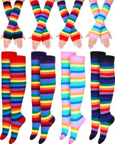 PRICES MAY VARY. Comfortable Material: the rainbow leg warmers thigh high socks set is made of quality acrylic cotton, breathable and soft, stretchy and reliable, cozy and warm, won't bring any discomfort to you, suitable for spring, autumn and winter wear Nice Elasticity: the length of our striped long socks measures approx. 64 cm/ 25.2 inches, and can be stretched over the knees; And the striped arm warmers are about 36 cm/ 14.17 inches in length, one size fits most women and girls Wide Scope Rainbow Thigh High Socks, Scenecore Clothes, Striped Arm Warmers, Striped Gloves, Pretty Socks, Derby Outfits, Rainbow Socks, Striped Tights, Scene Fashion