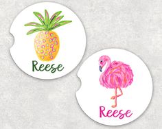 two stickers with an image of a pink flamingo and a pineapple on them