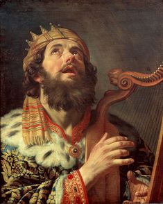 a painting of a man wearing a crown and holding a harp in his right hand