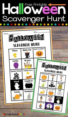 halloween scavenger hunt for kids with the text, free printables and pictures