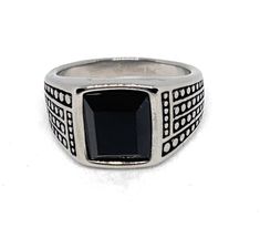 Stainless Black Onyx Ring, Available in 5 different sizes, If you need a bigger size please message store, we can try to source the size Black Stainless Steel Rings For Gift, Black Stainless Steel Signet Promise Ring, Black Stainless Steel Ring Jewelry, Modern Black Adjustable Rings, Black Stainless Steel Open Ring, Black Stainless Steel Open Ring Jewelry, Black Crystal Ring For Gift, Black Open Crystal Ring For Promise, Black Crystal Open Ring For Promise