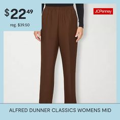 Alfred Dunner is known for their modern tailoring and style, and this pair of women's pants stay true to the brand's heritage. Made from a soft woven fabric in a relaxed-fit with straight legs, they have a comfortable elastic-waistband, a pleated front, and side pockets. Wear with a button-down or t-shirt and flat shoes.Front Style: Pleated FrontClosure Type: Elastic, Full ElasticFit: Relaxed FitPockets: 2 Side Slip PocketsRise: Mid RiseFiber Content: 100% PolyesterFabric Description: WovenInse… Modern Tailoring, Pants Brown, Petite Shorts, Petite Pants, Alfred Dunner, Stay True, Pull On Pants, Flat Shoes, Short Pants