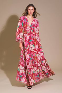 A printed woven maxi dress featuring V neckline, long sleeve with smocked cuff, smocked waist band and ruffled hemline Details: Self : 100% PolyesterLining : 100% Polyester Size & Fit - Model is 5`9" And Wearing Size Small- Measurements Taken From Size Small- Approx. Length: 60" Chic V-neck Maxi Dress With Smocked Cuffs, V-neck Maxi Dress With Smocked Cuffs, Billowy Long Sleeve Floral Maxi Dress, Maxi Dress With Smocked Cuffs For Brunch, Maxi Length Dress With Smocked Cuffs For Brunch, Bohemian Long Sleeve Midi Dress With Smocked Cuffs, Brunch Maxi Dress With Smocked Cuffs, Fall Maxi Dress With Smocked Cuffs, Summer Long Sleeve Maxi Dress With Smocked Cuffs