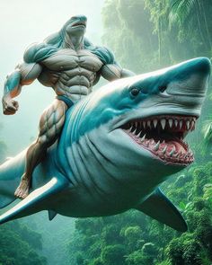 a man riding on top of a shark in the middle of a jungle with trees