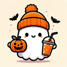 a cartoon character holding a drink and wearing a pumpkin hat