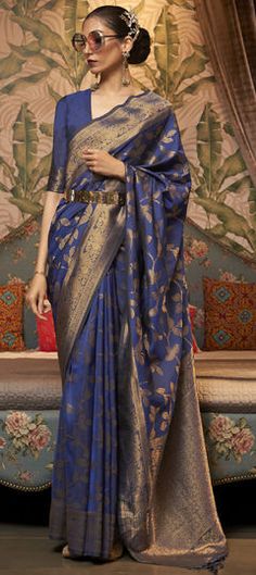 Blue color Saree in Art Silk, Silk fabric with Weaving work Navy Blue Saree, Blue Silk Saree, Sleeved Wedding, Ghagra Choli, Utsav Fashion, Blue Saree, Art Silk Sarees, Kanjivaram Sarees, Stylish Sarees