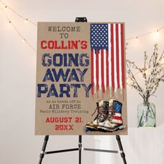 This rustic going away / farewell military party sign, printed on foam core board, is PERFECT to display indoor or outdoor for your guests to celebrate & say "see ya later" to your Soldier, Airman, Guardian, Marine, Sailor, Guardsman, or Cadet! Designed by a proud Air Force Mom ♥ ✈️ Personalize sign template with your custom wording - featuring a rustic kraft background with dripping USA Flag and watercolor flag combat boots! Include this display sign in your military going away party decorations order from my store, and check out the matching invitation & décor supplies available to make your celebration complete! Custom design requests are always welcome: contact@figandlilyco.com. From this proud military family to you and yours, we send our blessings and sincere thanks for the service, Boot Camp Graduation Party, Enlistment Party, Us Navy Party, Deployment Party, Deployed Husband, Military Party, Welcome Home Parties, Camp Party, Military Decorations