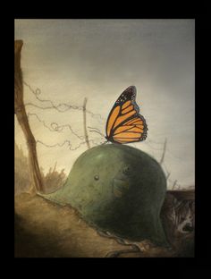 a painting of a butterfly sitting on top of a green baseball cap with the word,