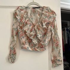 Nwt Never Worn. Zara Floral Blouse With Ruffle And Button Details Zara Floral Print Button-up Blouse, Zara Button-up Floral Print Blouse, Zara Spring Blouse With Buttons, Zara Button Blouse For Spring, Zara Floral Print Button-up Top, Denim Skirt Women, Skirt Women, Zara Tops, Floral Blouse