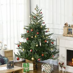 a living room with a christmas tree and presents