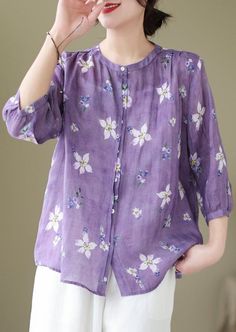 Details: Gender: Women Item Type: Blouse Material: Linen Season: Spring, Summer, Autumn Pattern: Print Style: Casual, Loose, Retro Waist Type: Elastic Waist Size: One Size Length: 62.00 cm/ 24.41 " Bust: 116.00 cm/ 45.67 " Summer Floral Print Purple Blouse, Summer Purple Floral Print Blouse, Purple Relaxed Fit Long Sleeve Blouse, Purple Floral Print Top For Daywear, Spring Purple Tops For Daywear, Purple Long Sleeve Relaxed Fit Blouse, Spring Purple Button-up Blouse, Summer Purple Cotton Blouse, Purple Cotton Summer Blouse