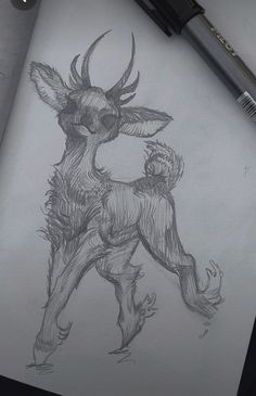 a pencil drawing of a deer with horns on it's back legs and feet