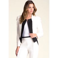 New With Tags Bebe Brand Jacket. Women’s Size 8. 17” Long. 18” Pit To Pit. Blazer Style Jacket. Blair Puff Contrast Jacket. Off White And Black Color. 66% Polyester, 28% Viscose, 6% Spandex. Lined Interior. Retail $139.00. Amazingly Unique, This Stretch-Twill Jacket Features A Pleated Sleeve Cap, Contrast Lapels, And Sleeve Zip Detail. Very Ready For Its Close-Up. Pair With Trim Skirt Or Pants/Jeans, But Layer A Feminine Top Underneath. Gorg! Feel Free To Comment Or Bundle! Thanks For Browsing! White Tuxedo Style Evening Outerwear, White Tuxedo-style Party Outerwear, White Tuxedo Style Party Outerwear, Tailored White Outerwear For Party, White Tuxedo Style Fall Outerwear, White Tuxedo Style Outerwear For Fall, White Fitted Outerwear For Party, White Tuxedo Workwear Outerwear, White Fitted Party Outerwear