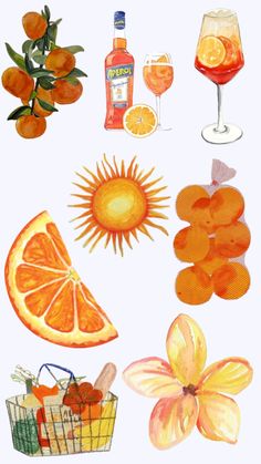 an image of oranges and drinks on a white background with watercolor pencils