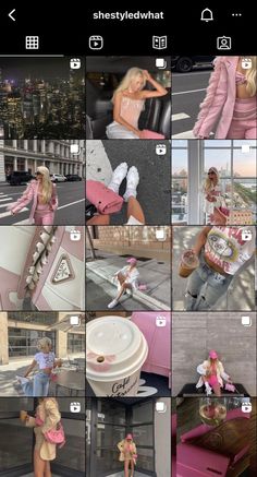 the collage shows many different images of women in pink outfits and white shoes, including one