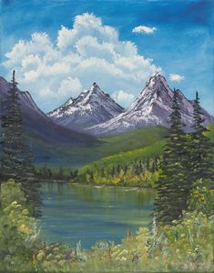 a painting of mountains and trees by the water