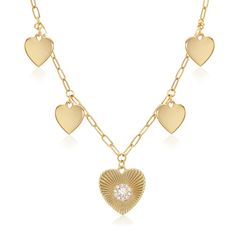 Multi Heart Disc & CZ Heart Textured Charm Chain Necklace  Yellow Gold Plated 16-18 Adjustable Chain Luxury Heart-shaped Jewelry With Logo Charm, Luxury Yellow Gold Necklaces With Heart Beads, Small Heart Necklace, Heart Disc, Triple Hoop Earrings, Butterfly Necklace Gold, Butterfly Earrings Gold, Heart Charm Necklace, Medium Hoop Earrings