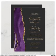 an elegant purple and gold wedding card