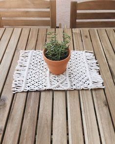 a small potted plant sitting on top of a wooden table next to a white doily