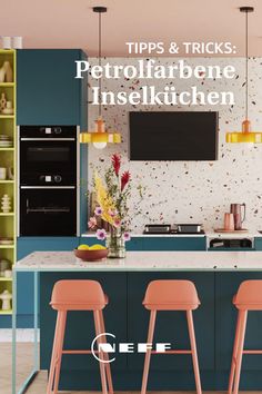 an image of a kitchen setting with bar stools in the foreground and tv on the wall