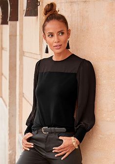 You'll be on trend in this scoop neck blouse with a sheer upper chest. Sheer Tops For Workwear In Fall, Fall Blouse With Sheer Sleeves For Layering, Chic Mesh Top For Fall, Elegant Mesh Top For Layering In Fall, Elegant Mesh Top For Fall Layering, Elegant Tops With Sheer Sleeves For Layering, Chic Long Sleeve Mesh Top For Work, Chic Stretch Blouse With Mesh Sleeves, Chic Fitted Mesh Top For Layering