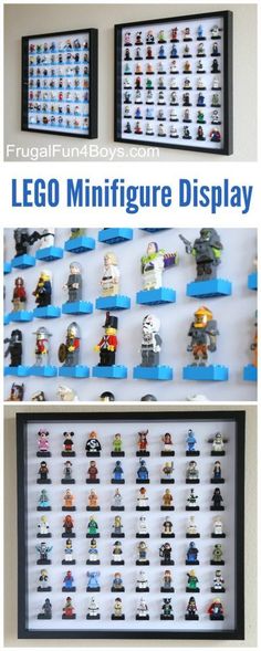 lego minifigure display is displayed on the wall in front of two black framed pictures