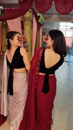 Blouse designs, engagement, bridesmaids Girly Blouse Designs For Saree, Blouse With A Bow, Poses For 2 Friends In Saree, Bow Blouse Designs For Saree, Saree Poses With Sister, Saree For Friends Wedding, Farewell Blouse Design, Blouse Bow Design