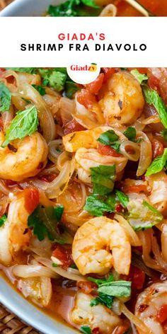 shrimp and pasta dish in a white bowl with gada's on the side