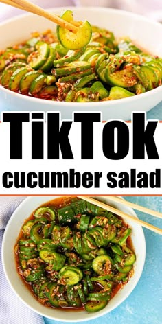 two pictures with the words tiktok and cucumber salad