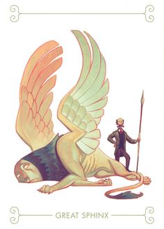 a man standing next to an animal with wings on it's back and holding a spear