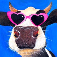 a painting of a cow wearing heart shaped sunglasses