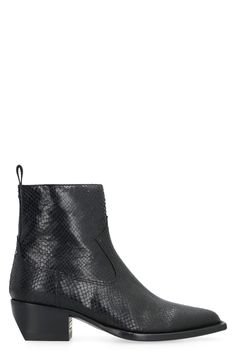 100% Goatskin Leather Booties With Stacked Heel And Snip Toe, Western Leather Booties With Pointed Toe, Western Calf Leather Chelsea Boots, Western Style Leather Chelsea Boots, Luxury Ankle Boots For Fall, Leather Snip Toe Booties For Fall, Western Leather Chelsea Boots, Fall Leather Booties With Snip Toe, Chic Leather Moto Boots With Leather Sole