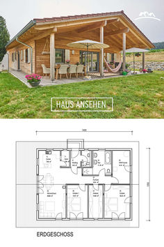 the floor plan for a small cabin with an attached porch and covered patio area, which is