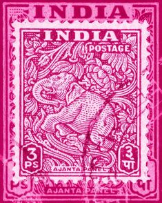 Stamp Wall Art, Stamp Wall, Ajanta Caves, Postage Stamp Art, Indian Elephant, Vintage Postage Stamps, Elephant Art, Pink Wall Art, Pink Elephant