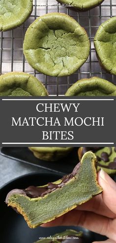 chewy matcha mochi bites on a cooling rack with the title overlay