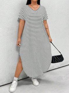 Plus Size V-Neck Striped Print Split Hem Short Sleeve Dress Multicolor Casual  Short Sleeve Fabric Striped Tee Medium Stretch  Women Plus Clothing, size features are:Bust: ,Length: ,Sleeve Length: Vestido Casual, Inspiration Mode, Split Hem, Striped Tee, Stripe Print, Plus Clothing, Plus Size Dresses, Casual Dress, Length Sleeve