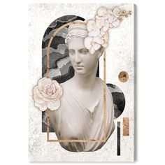 a white statue with pink flowers in it's hair and an art deco frame