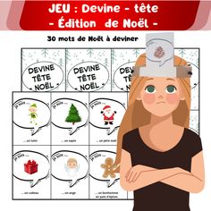 a woman with her arms crossed in front of a christmas themed board game that says jeu devine - tete