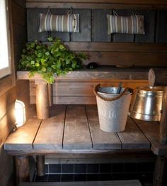 a potted plant sitting on top of a wooden table next to two buckets