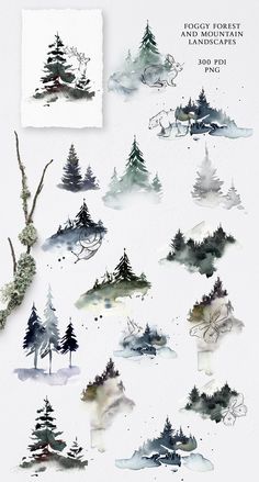 watercolor trees are shown in the shape of small mountains and pine trees, with different colors