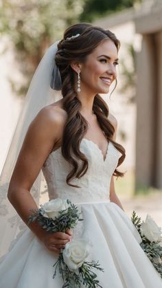 a woman in a wedding dress is smiling at the camera with her bouquet on her hand