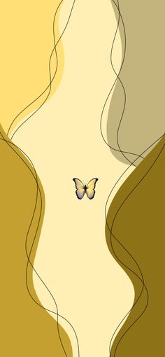 a butterfly flying over the top of a yellow and white background with long wavy lines