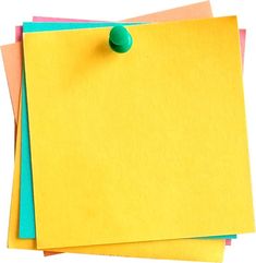 several yellow and blue post it notes with a green push pin on one side of the notepad