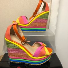 Rainbow Wedge Platform Sandals Womens Size Us 7 / Eu 38 2'' Platform W/ 5'' Wedge Heel Colorful And Fun. Perfect Sandal For A Summer Day Or Vacation. Wear Them Casually Or Dress Them Up For A Formal Occasion. Comfortable And Breathable, Sweat Absorbing Upper. Slip Resistant Outsole And Padded Insole. Brand New W/O Box Fast Safe Shipping- Reasonable Offers Always Accepted High Heel Synthetic Wedge Sandals For Beach Season, High Heel Wedge Sandals For Beach Season, Multicolor Wedge Heel Sandals For Vacation, Multicolor Wedge Heel Sandals For Spring, Trendy Multicolor Wedge Sandals For Summer, Platform Wedge Sandals For Beach Season, Multicolor Beach Heels For Beach Season, Multicolor Beach Heels, Multicolor Platform Wedge Sandals For Beach